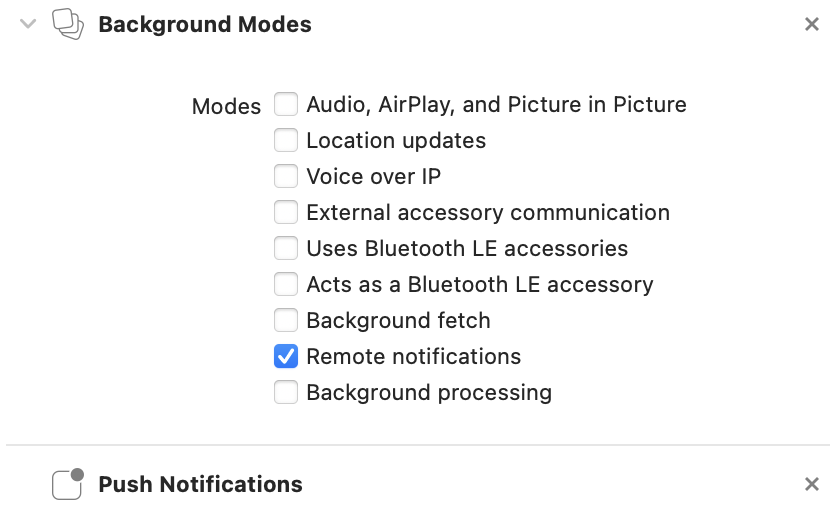 Screenshot from xCode showing Remote Notifications checked