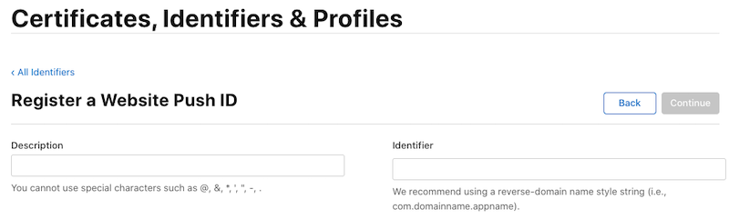 Screenshot showing the creation of a new Website Push ID on the Apple Developer website